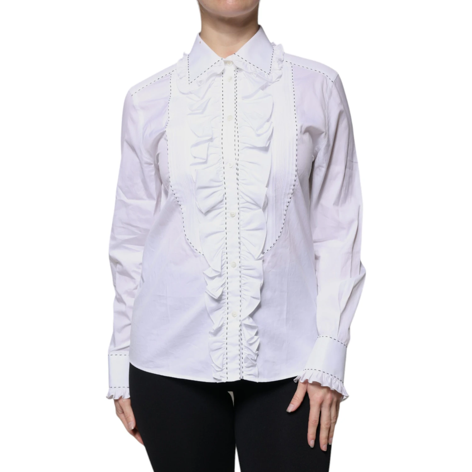 White Cotton Long Sleeves Ruffle Collar Top