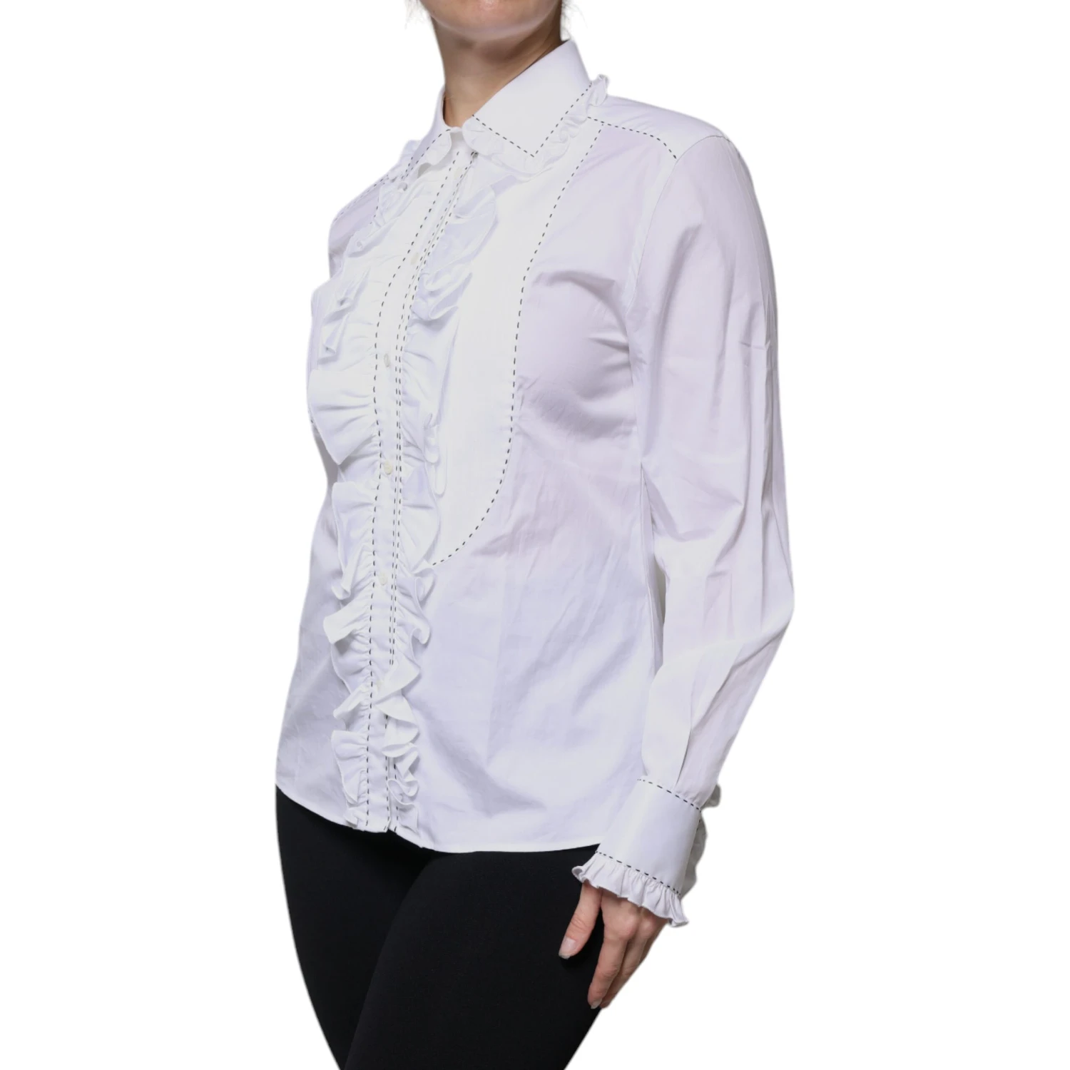 White Cotton Long Sleeves Ruffle Collar Top