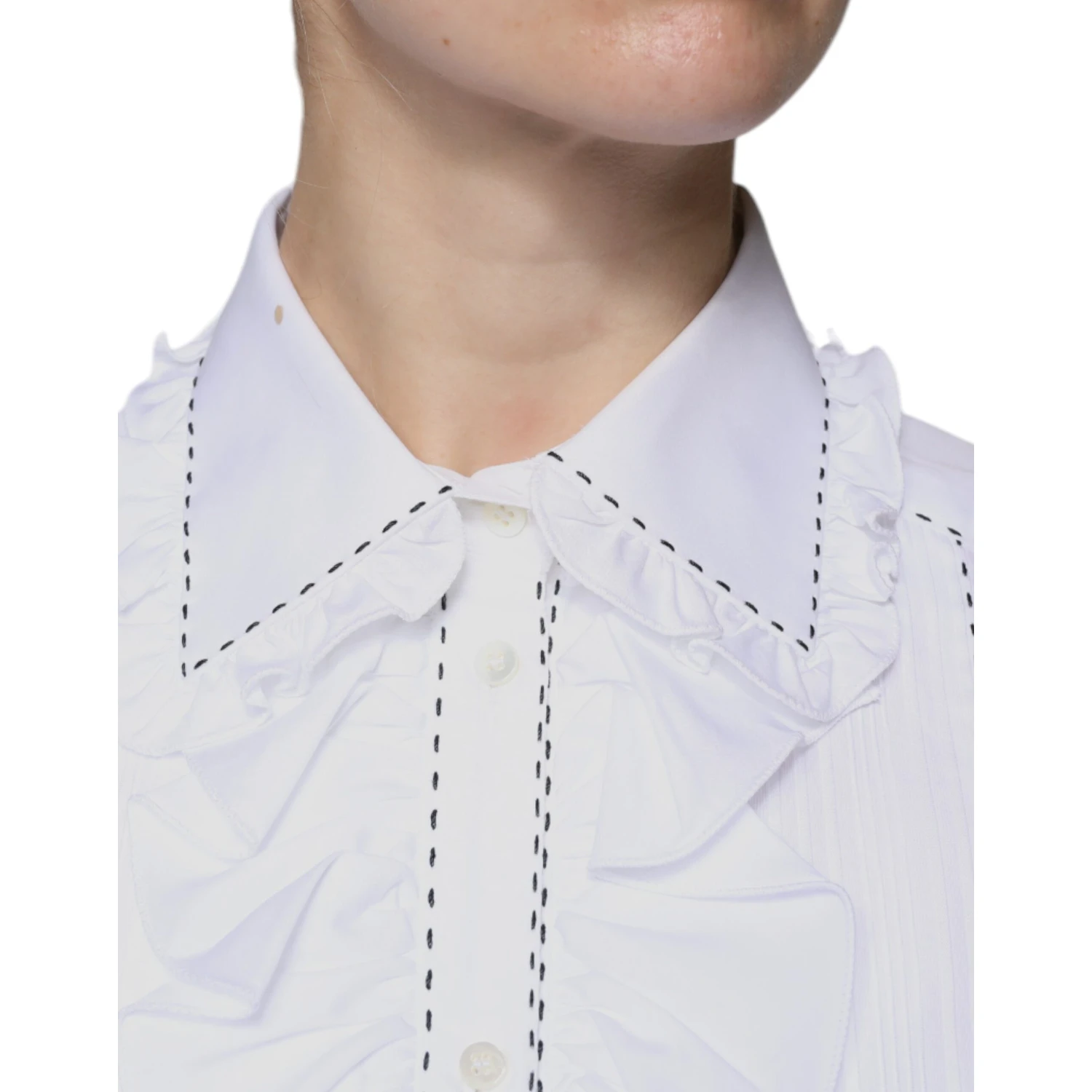 White Cotton Long Sleeves Ruffle Collar Top
