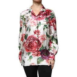 White Peony Silk Long Sleeves Collared Blouse Top