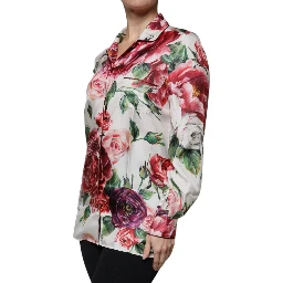 White Peony Silk Long Sleeves Collared Blouse Top