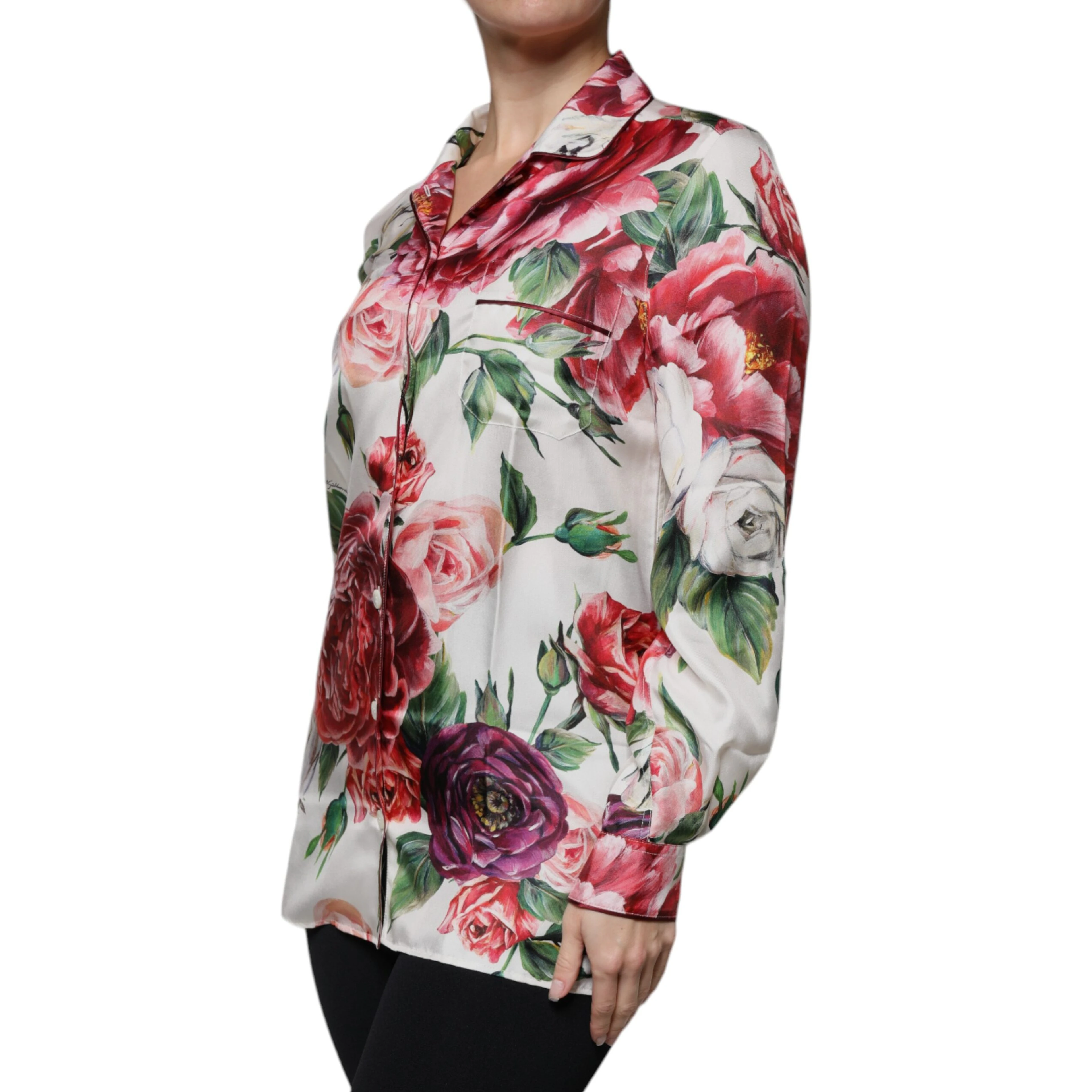 White Peony Silk Long Sleeves Collared Blouse Top