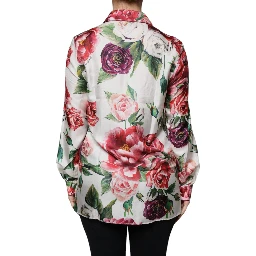 White Peony Silk Long Sleeves Collared Blouse Top