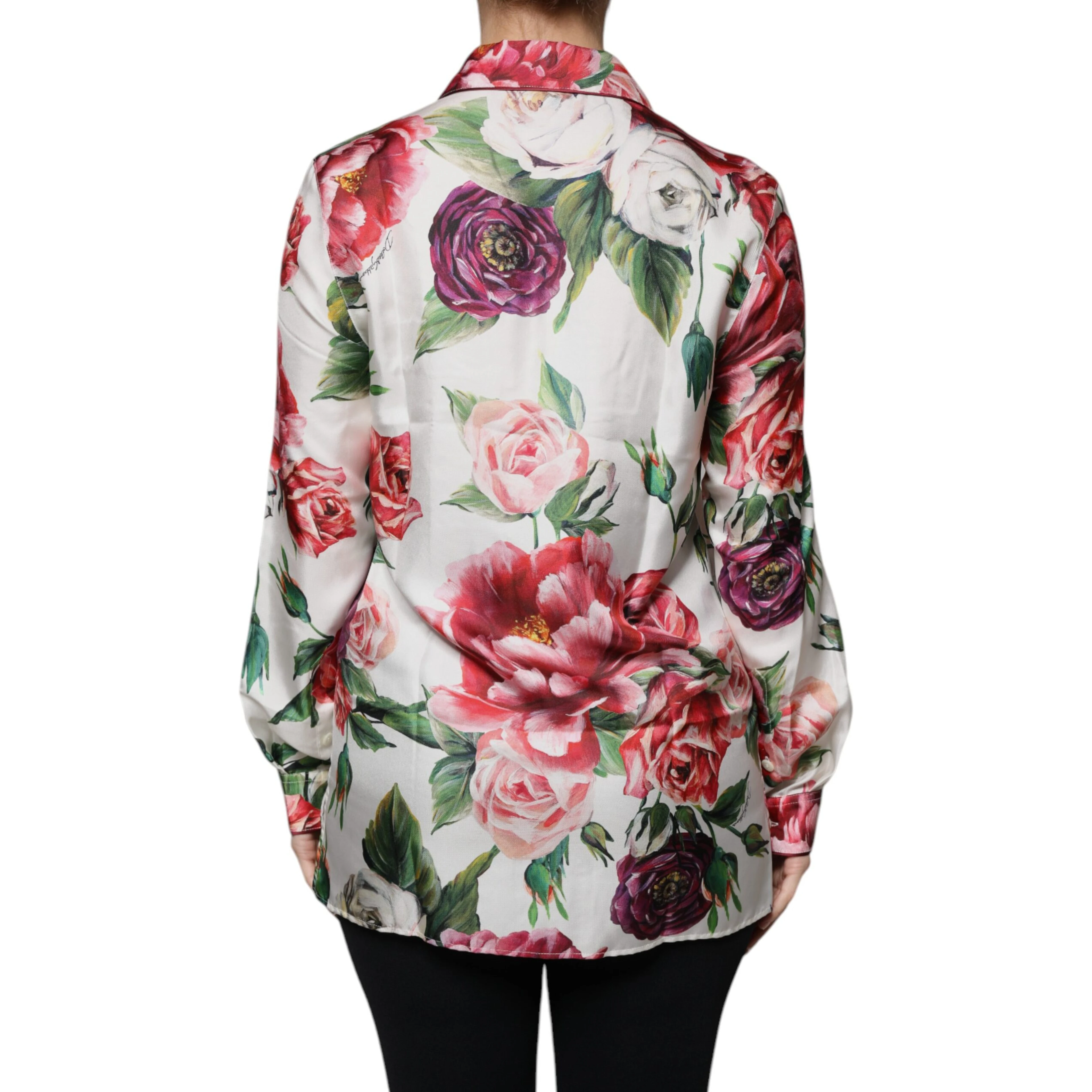 White Peony Silk Long Sleeves Collared Blouse Top