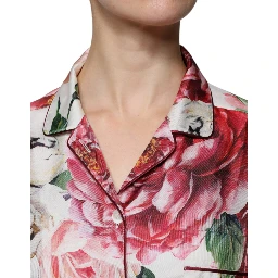 White Peony Silk Long Sleeves Collared Blouse Top