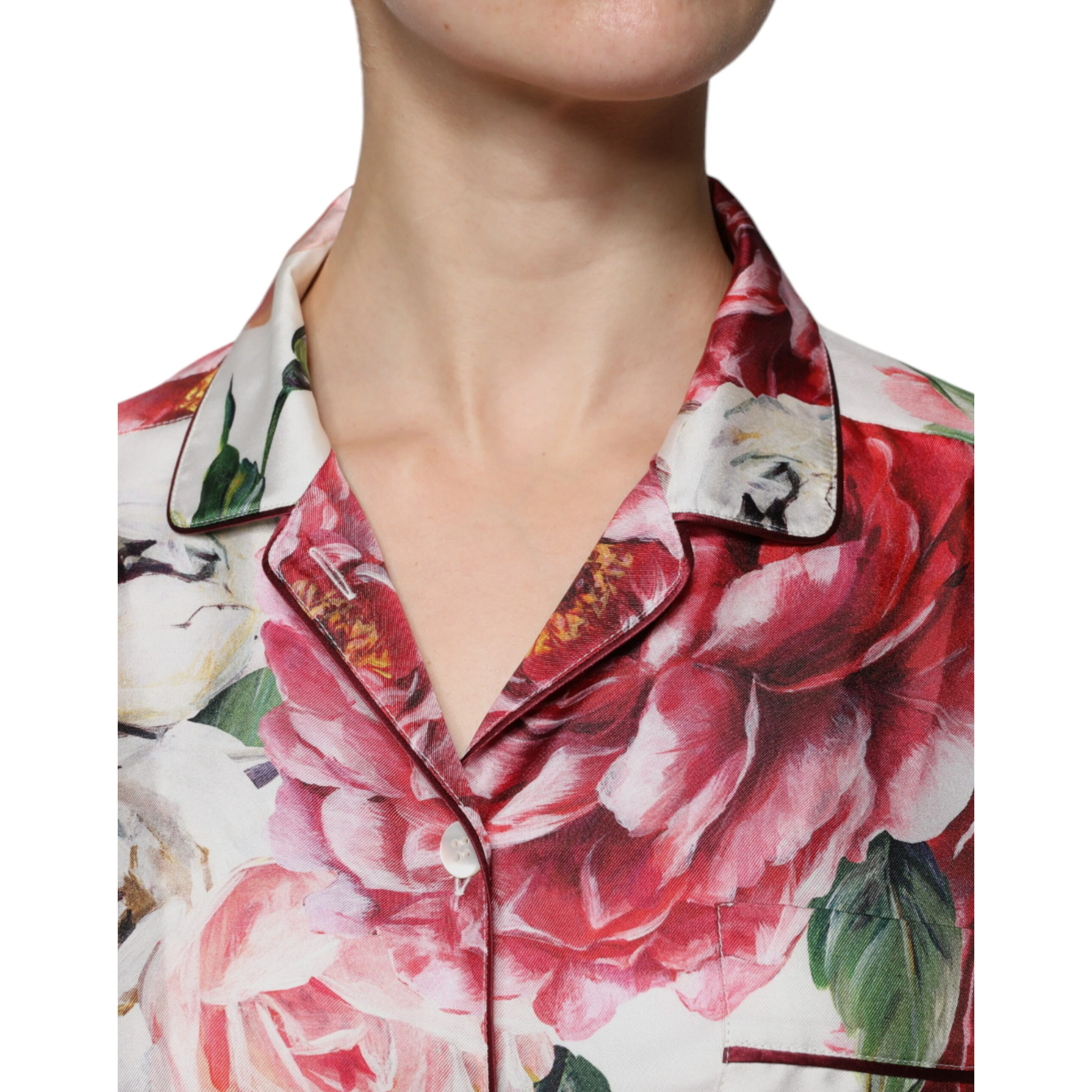 White Peony Silk Long Sleeves Collared Blouse Top