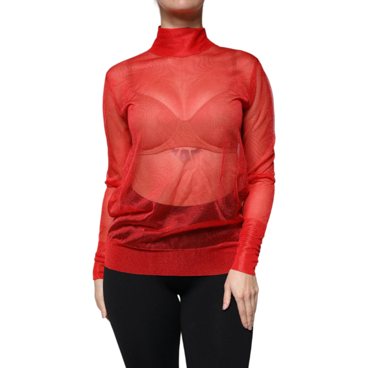 Red Mesh Turtleneck Long Sleeve Blouse Top