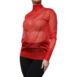 Red Mesh Turtleneck Long Sleeve Blouse Top