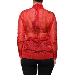 Red Mesh Turtleneck Long Sleeve Blouse Top