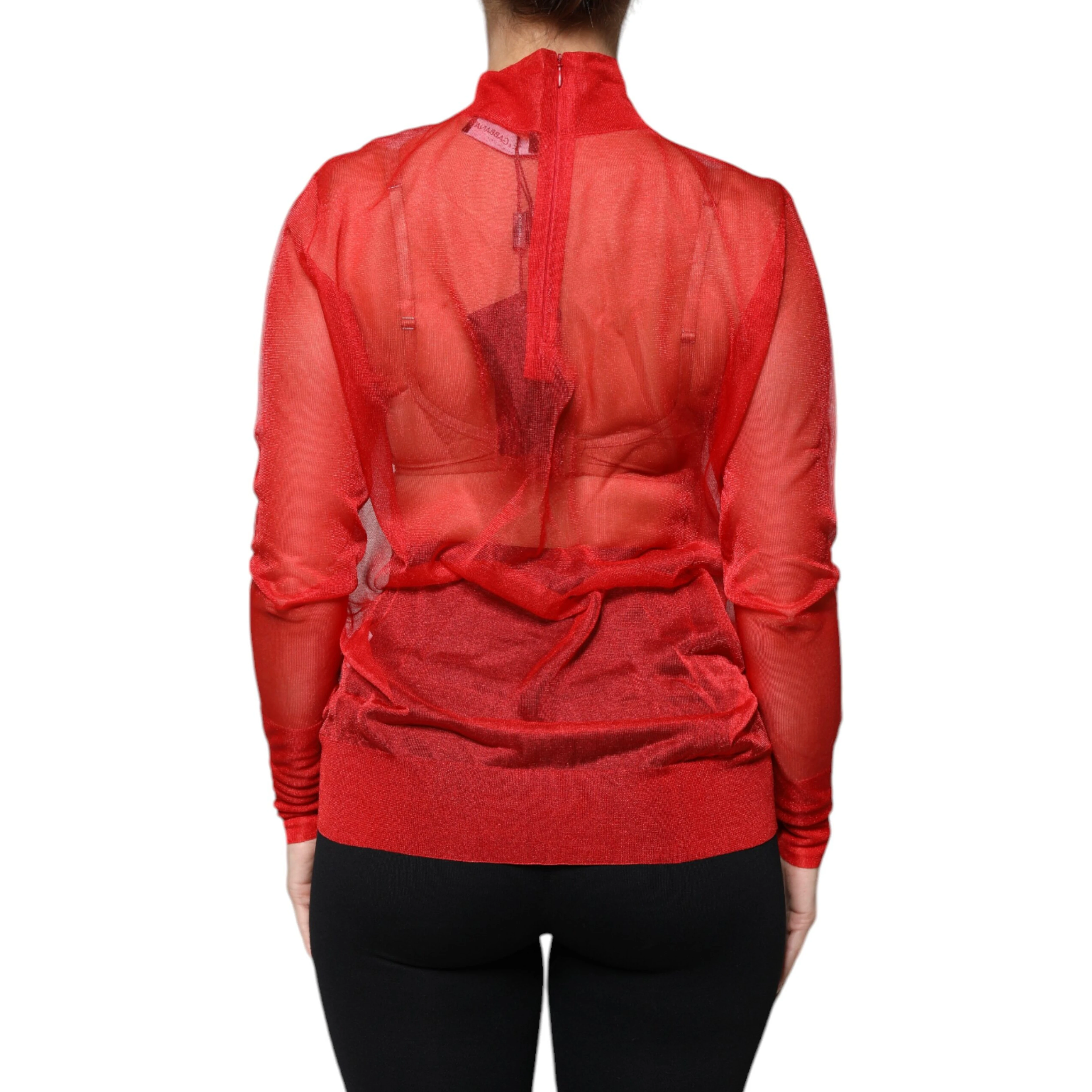Red Mesh Turtleneck Long Sleeve Blouse Top