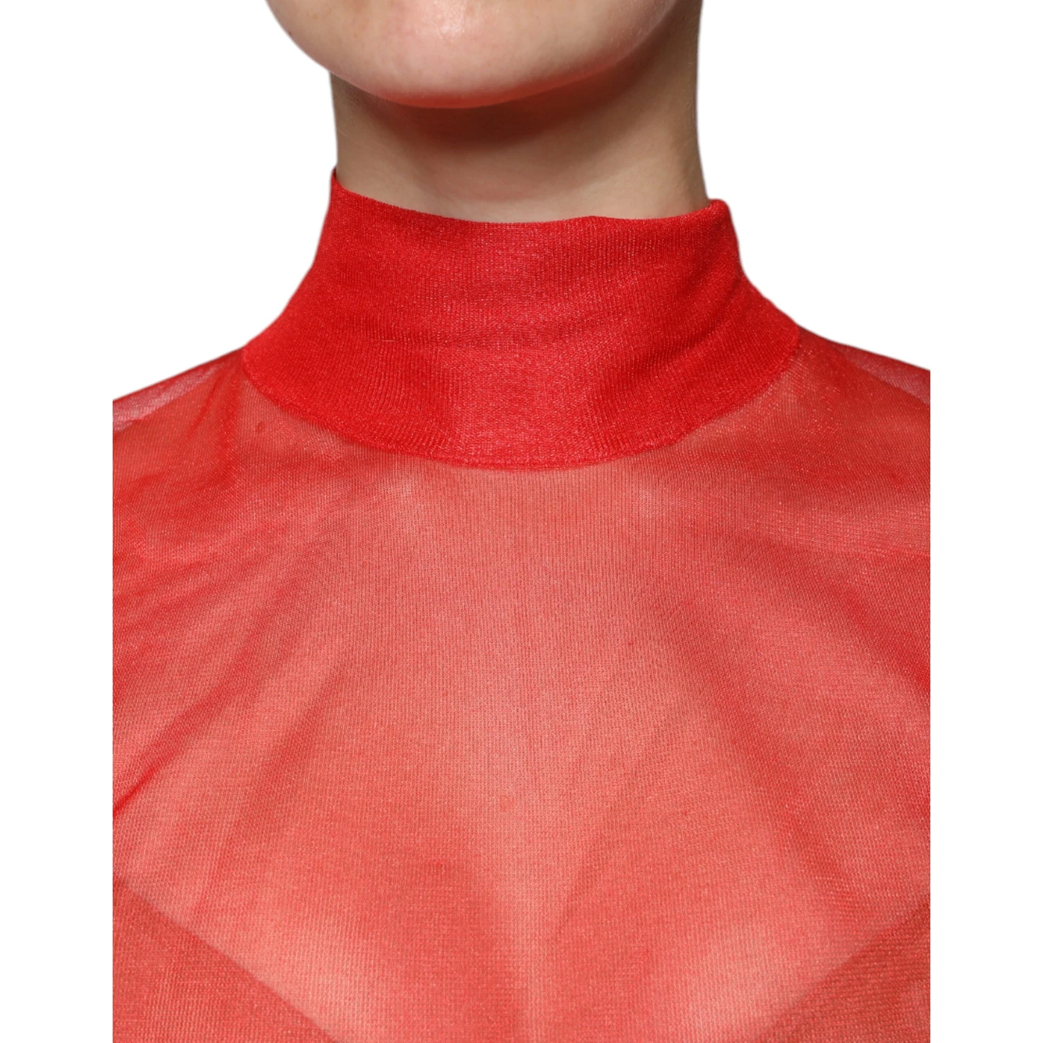 Red Mesh Turtleneck Long Sleeve Blouse Top
