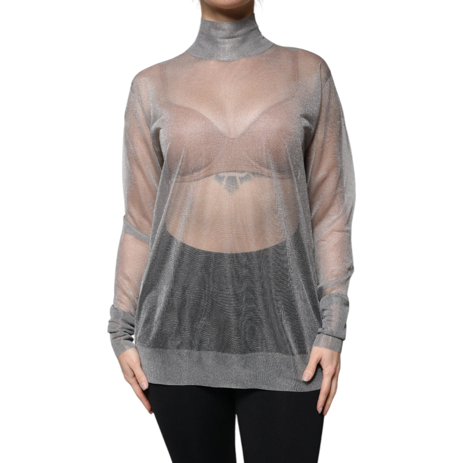 Grey Mesh Turtleneck Long Sleeve Blouse Top