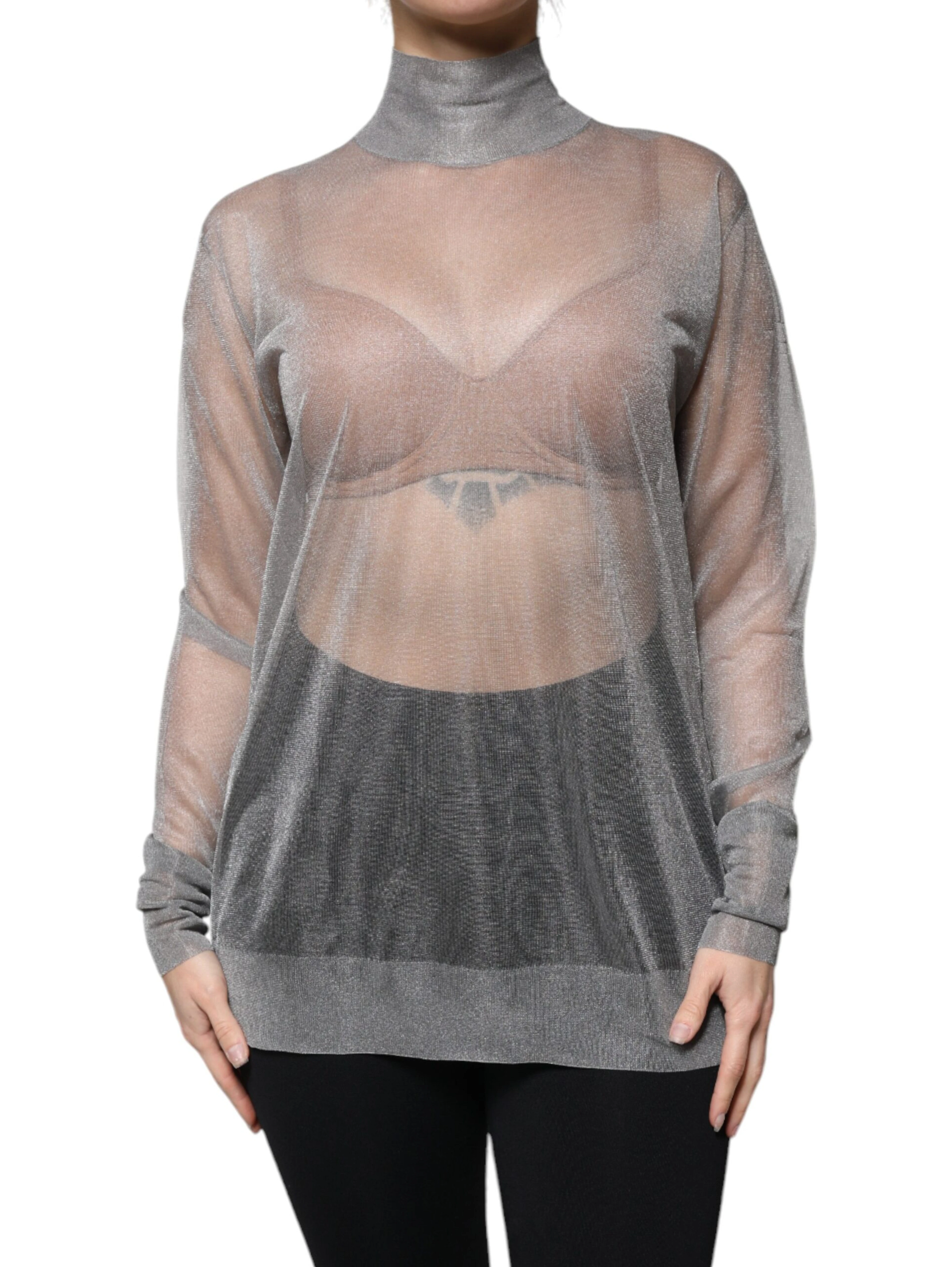 Grey Mesh Turtleneck Long Sleeve Blouse Top