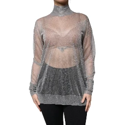Grey Mesh Turtleneck Long Sleeve Blouse Top