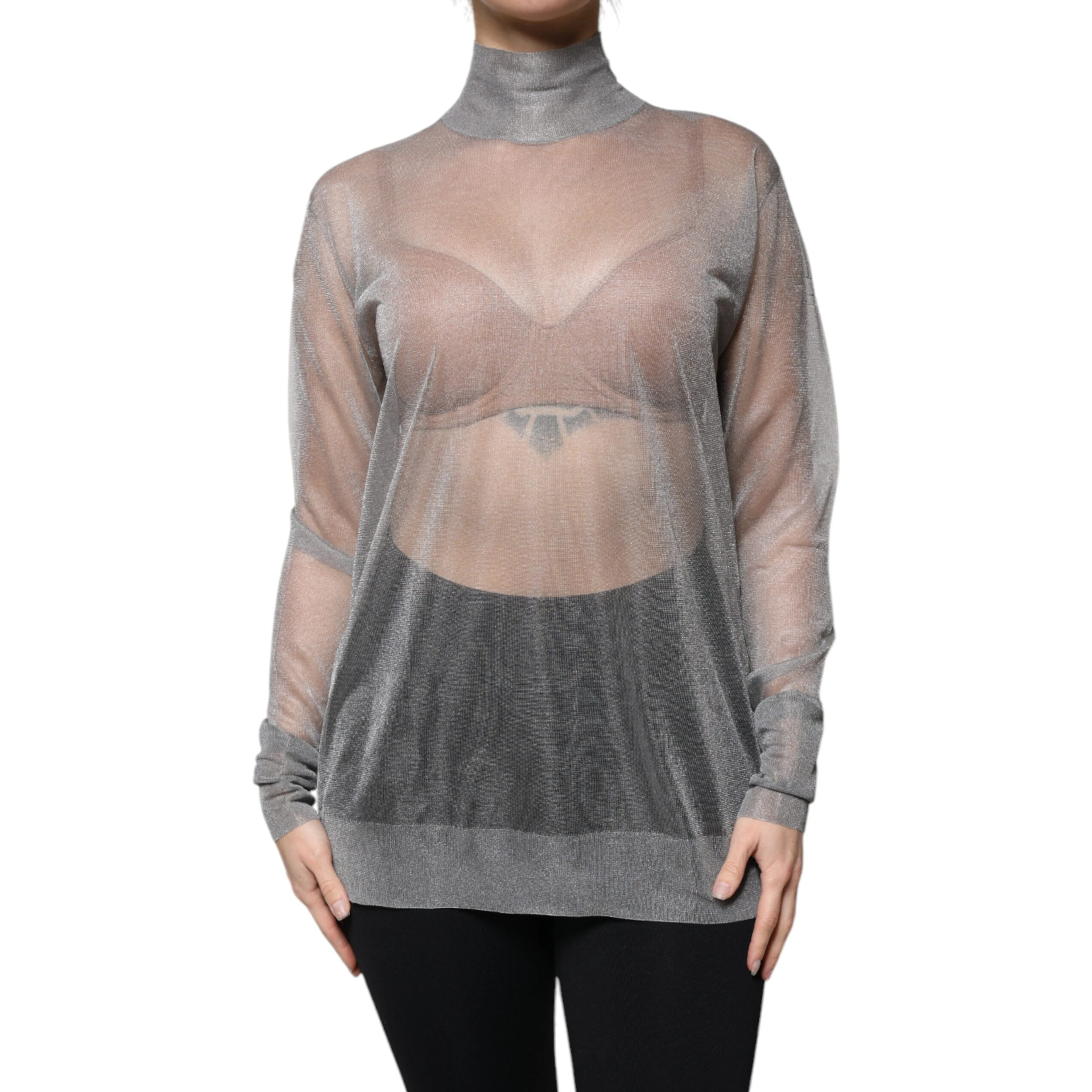 Grey Mesh Turtleneck Long Sleeve Blouse Top