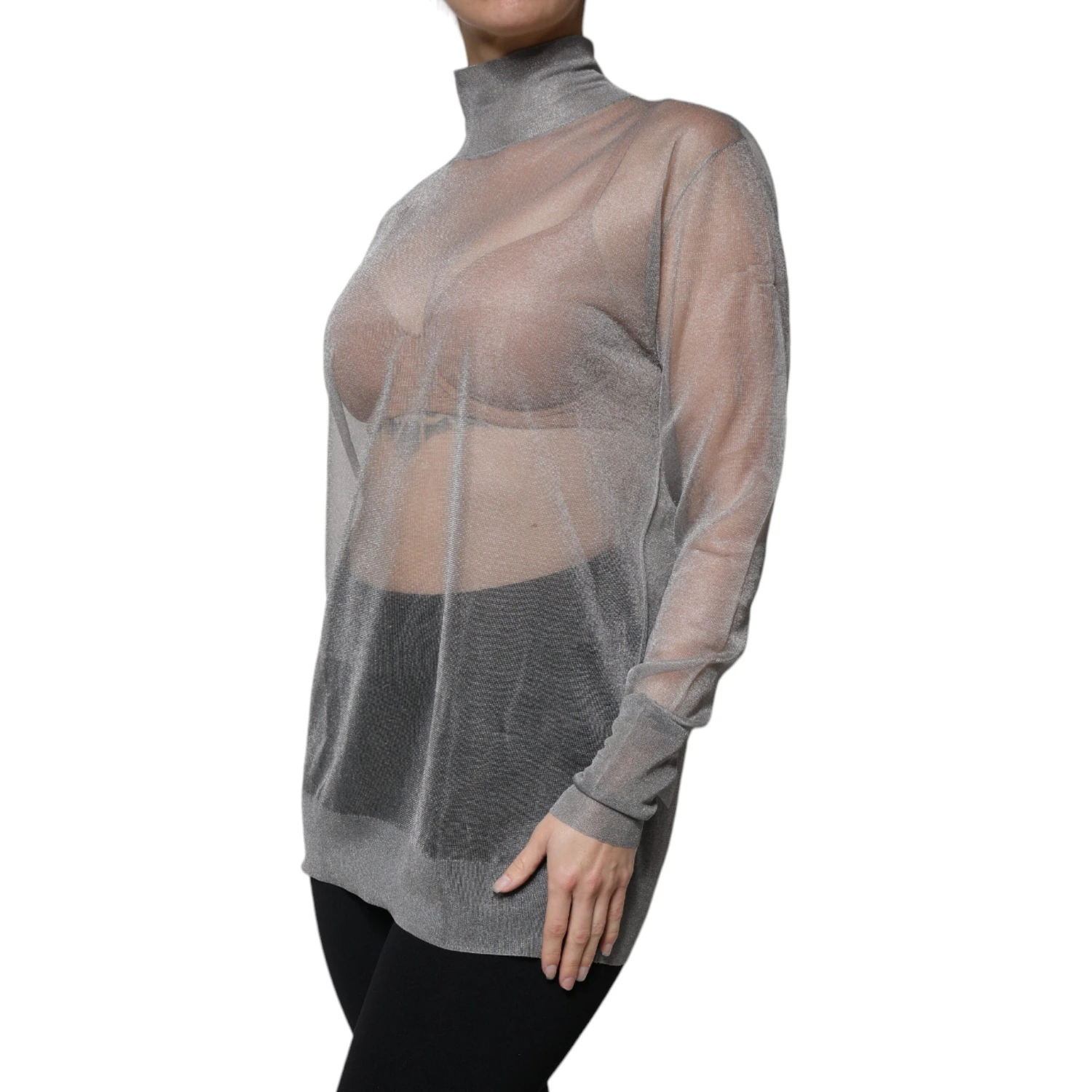 Grey Mesh Turtleneck Long Sleeve Blouse Top