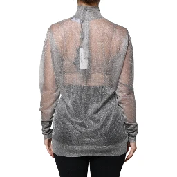 Grey Mesh Turtleneck Long Sleeve Blouse Top