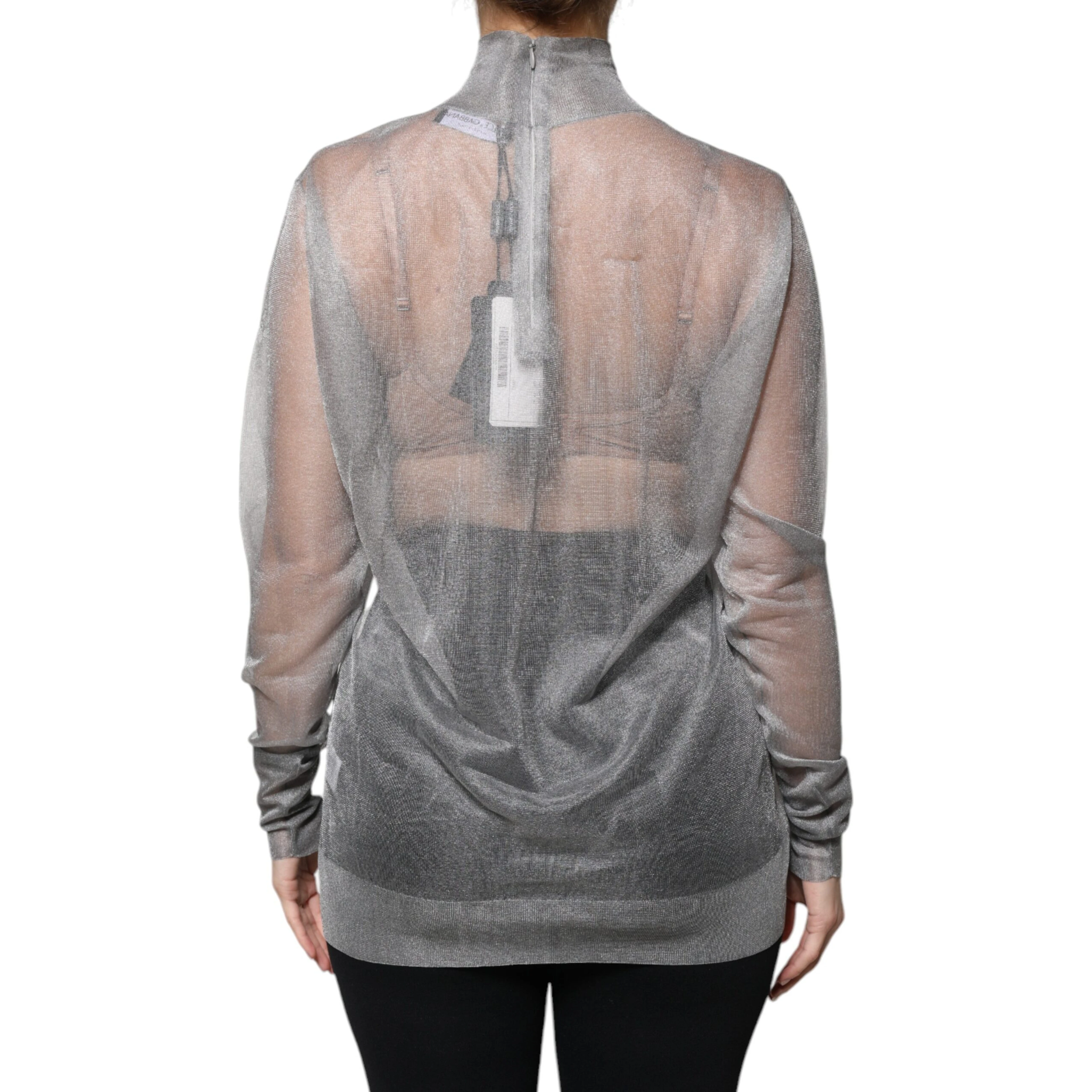 Grey Mesh Turtleneck Long Sleeve Blouse Top