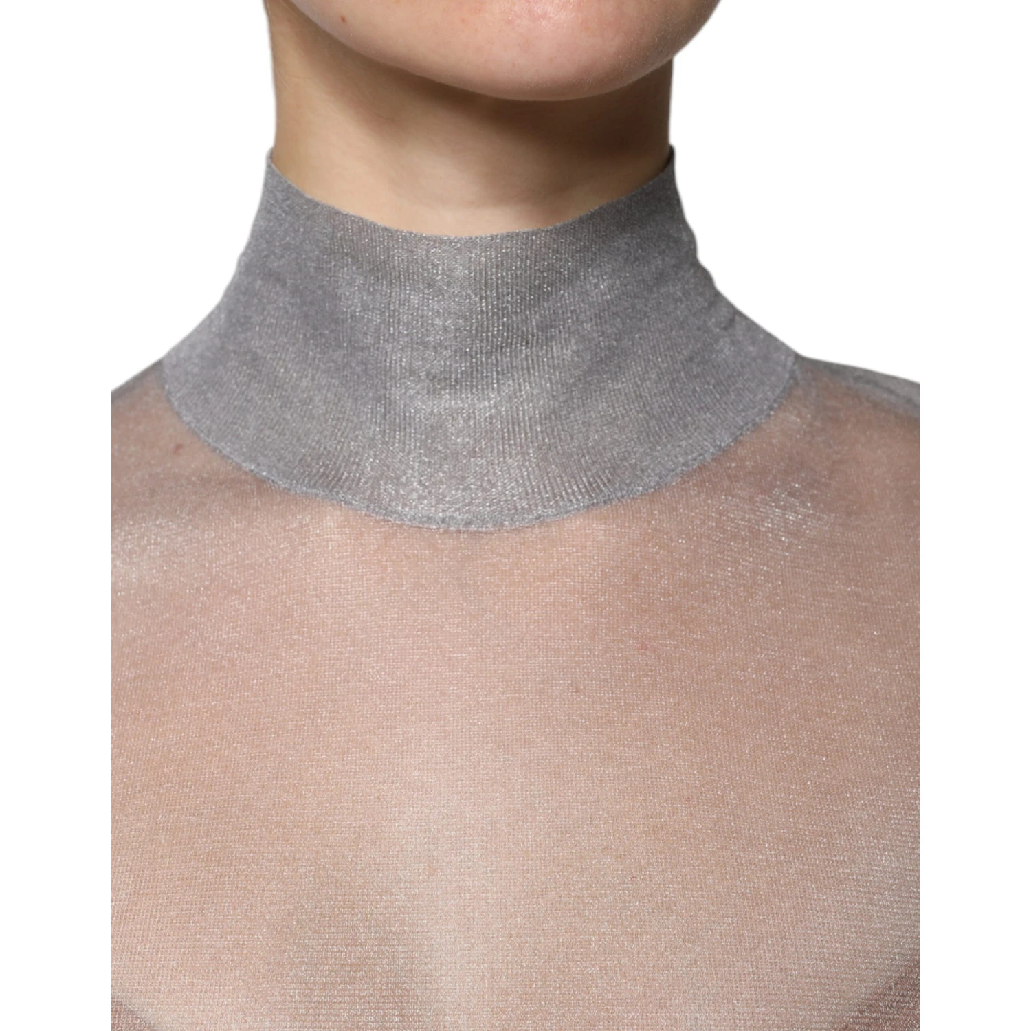 Grey Mesh Turtleneck Long Sleeve Blouse Top