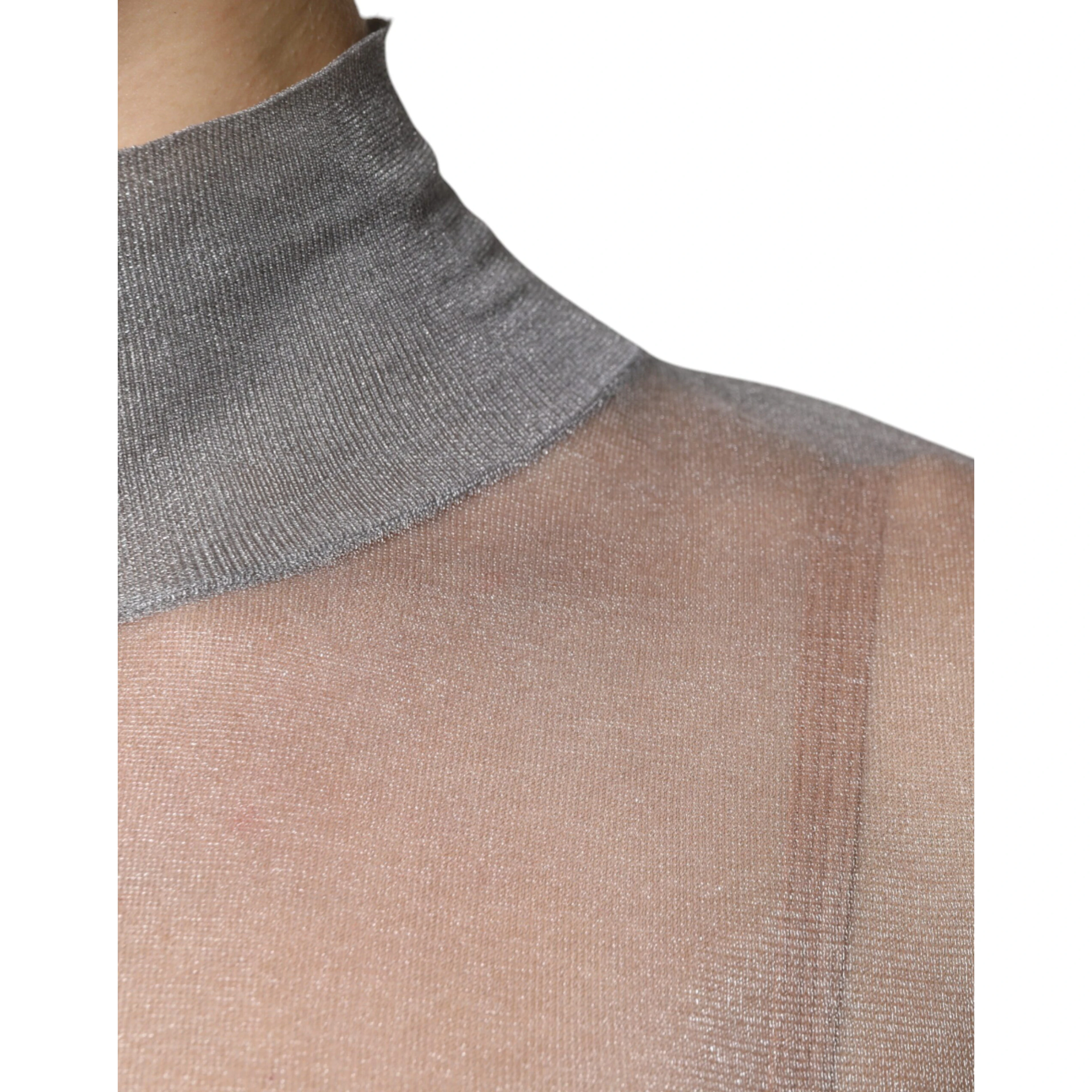 Grey Mesh Turtleneck Long Sleeve Blouse Top