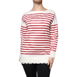 White Red Stripes Cotton Long Sleeves Top