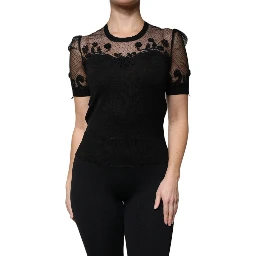 Black Floral Lace Short Sleeves Blouse Top