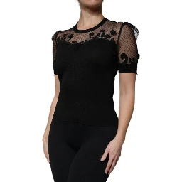 Black Floral Lace Short Sleeves Blouse Top