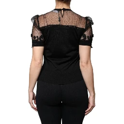 Black Floral Lace Short Sleeves Blouse Top