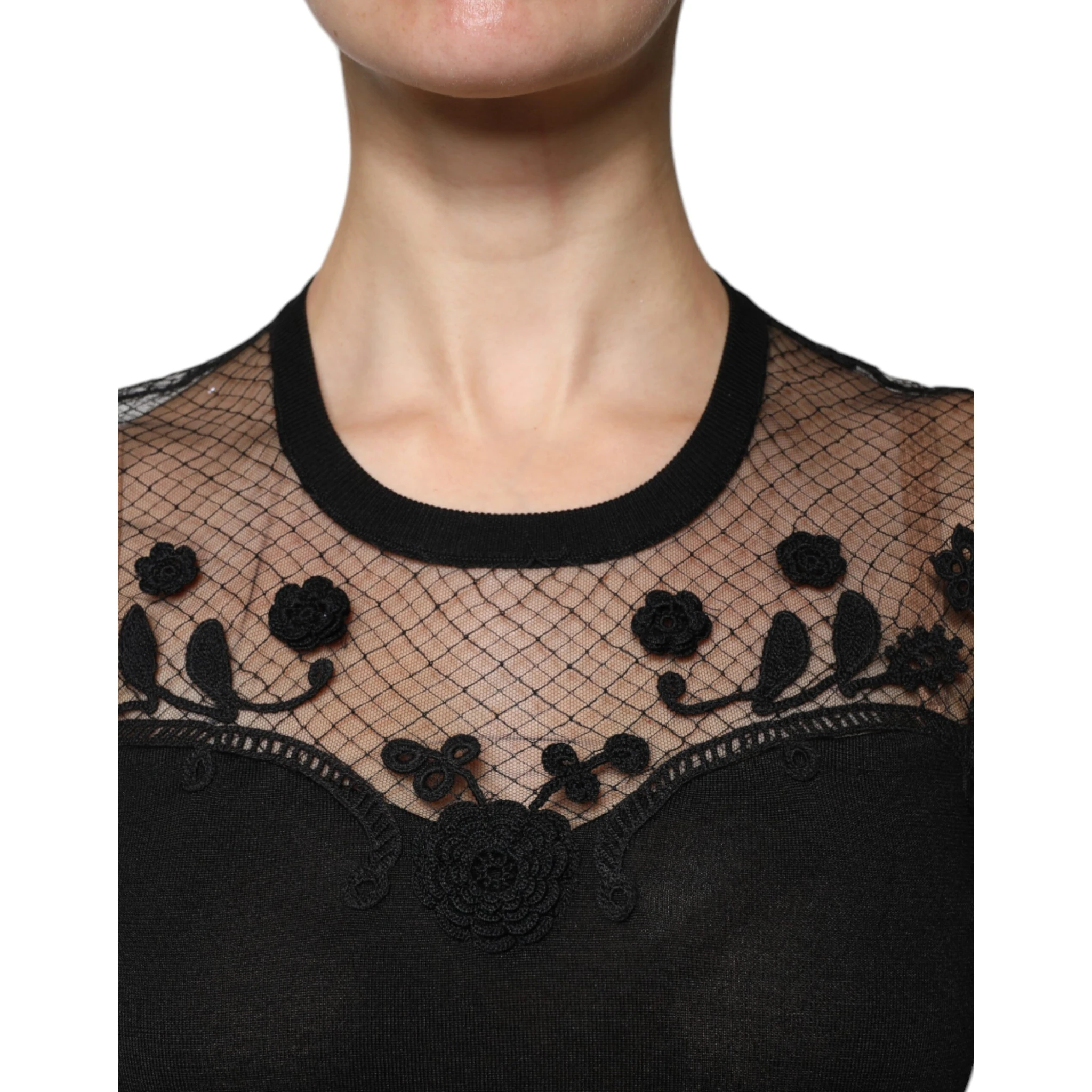 Black Floral Lace Short Sleeves Blouse Top