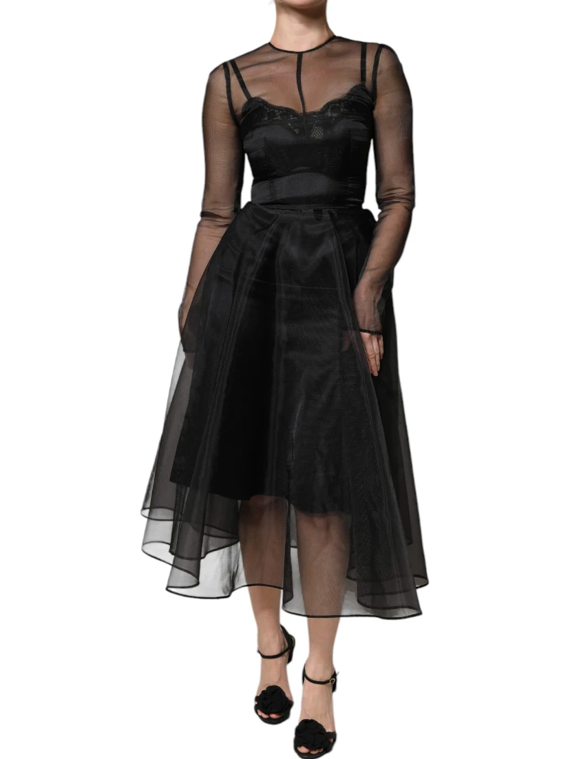 Black Tulle A-line Midi Cocktail Gown Dress