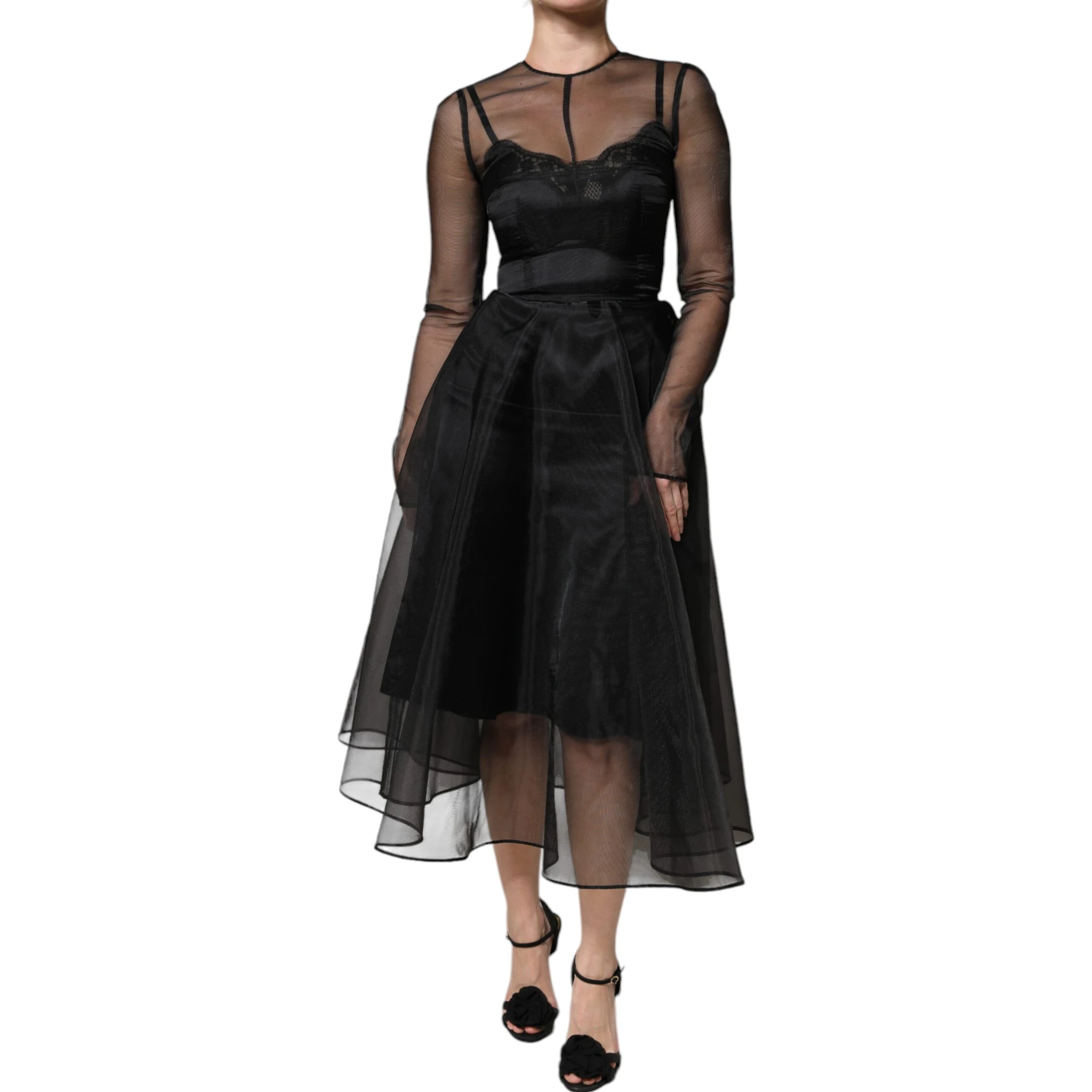 Black Tulle A-line Midi Cocktail Gown Dress