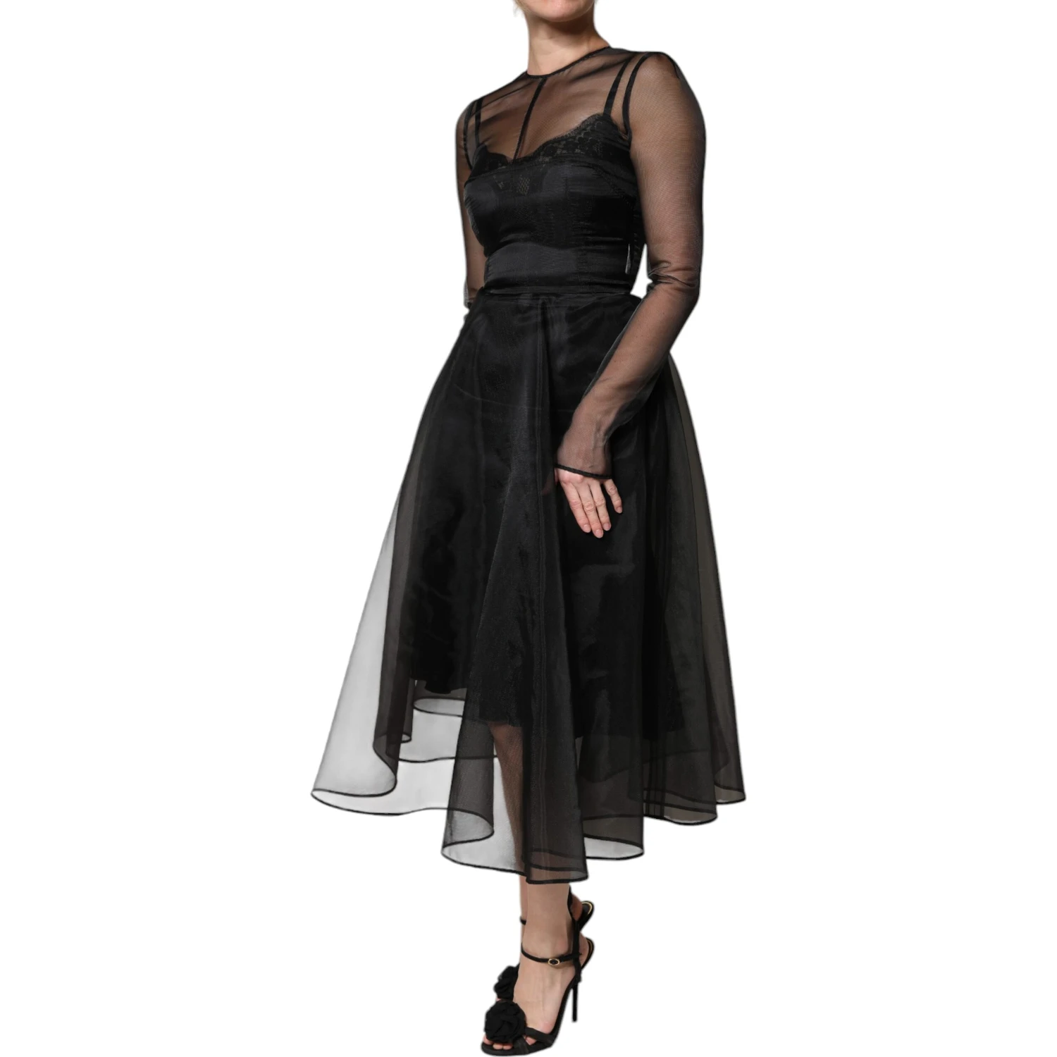 Black Tulle A-line Midi Cocktail Gown Dress