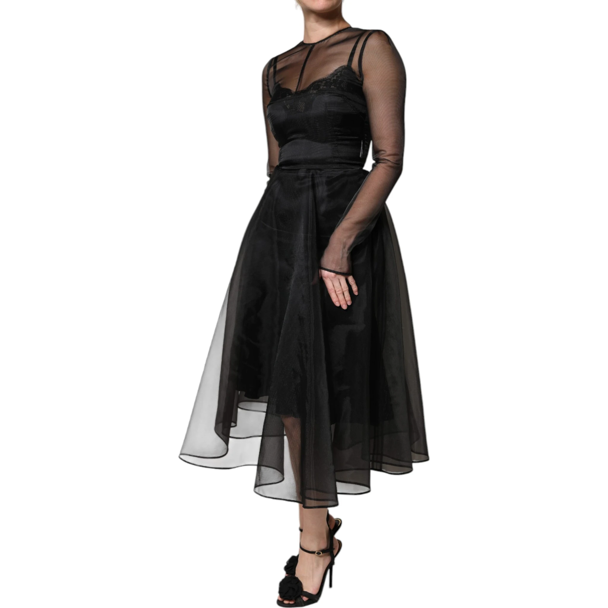 Black Tulle A-line Midi Cocktail Gown Dress