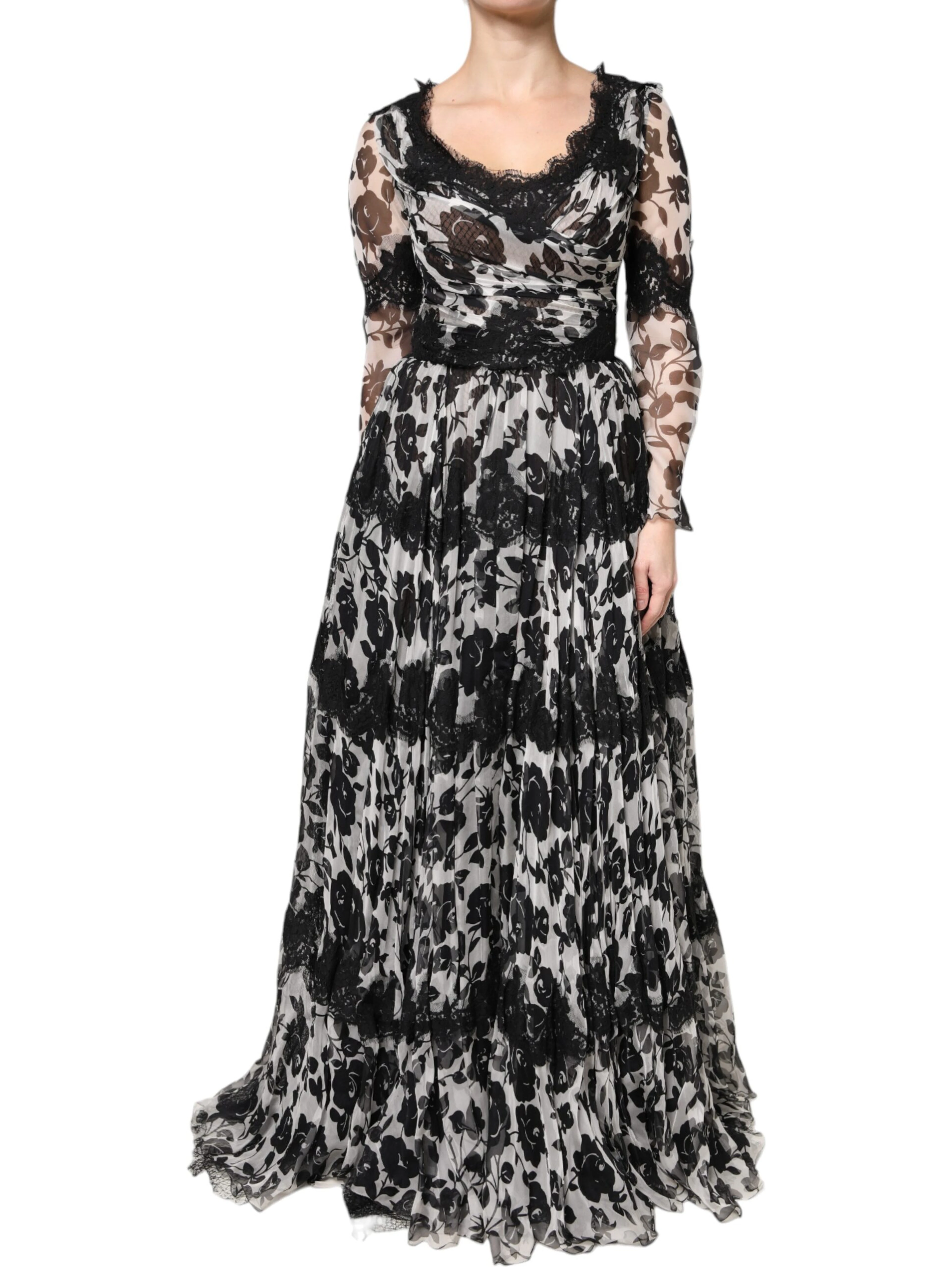 Black Silk Floral Lace Ricamo Ball Maxi Dress