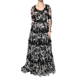 Black Silk Floral Lace Ricamo Ball Maxi Dress