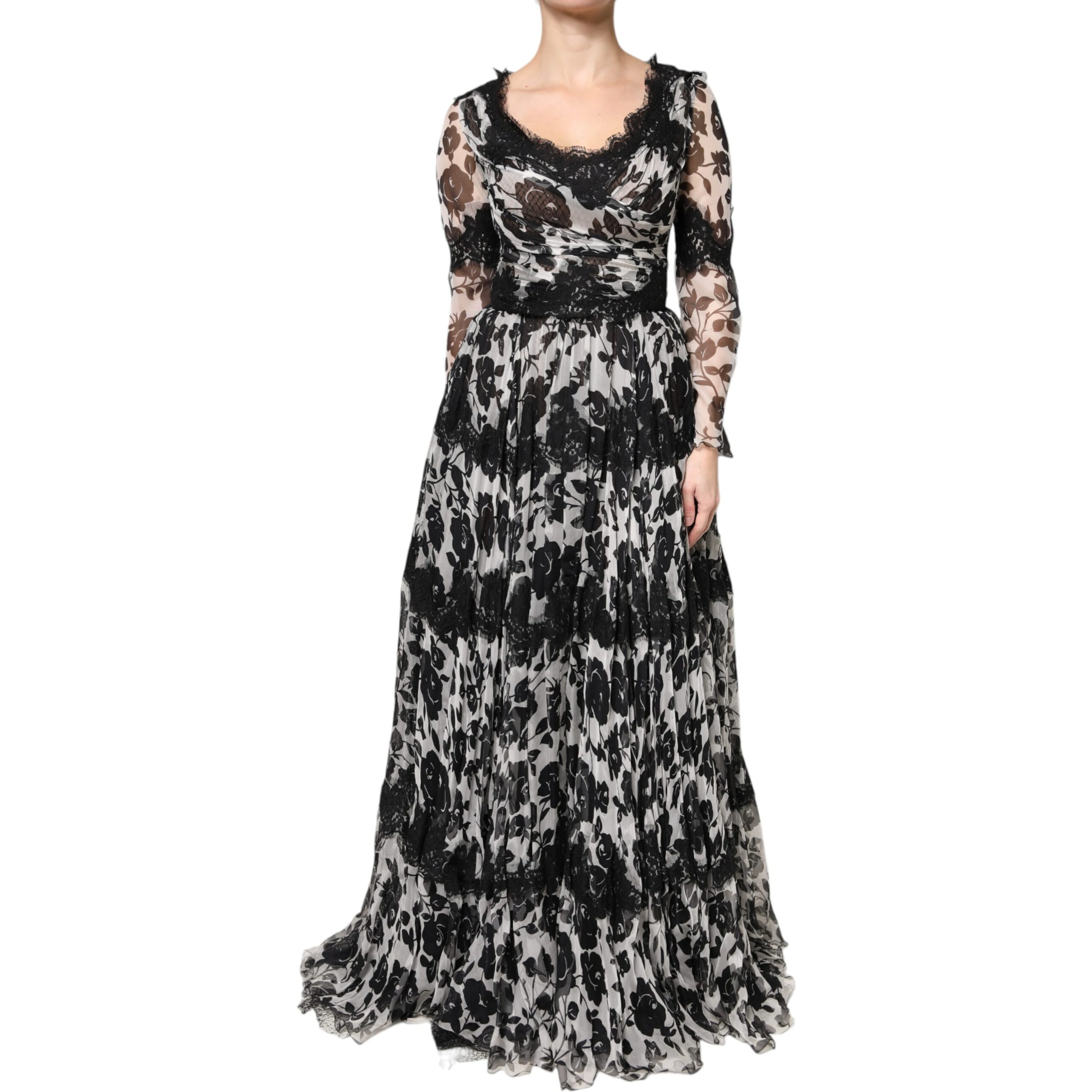 Black Silk Floral Lace Ricamo Ball Maxi Dress