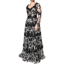 Black Silk Floral Lace Ricamo Ball Maxi Dress