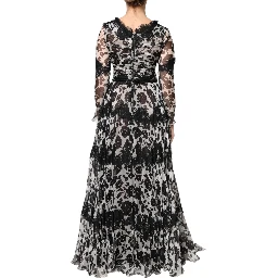 Black Silk Floral Lace Ricamo Ball Maxi Dress