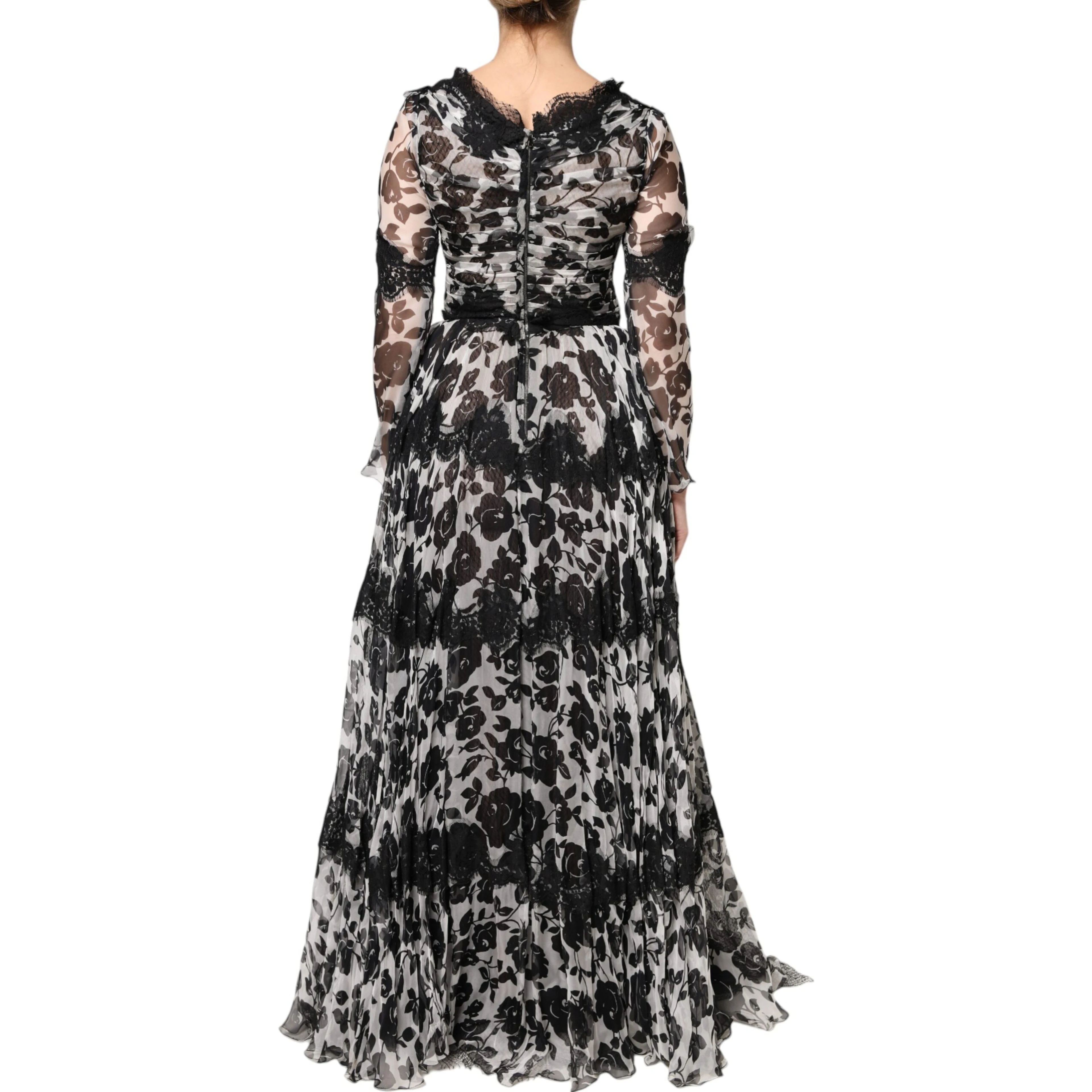 Black Silk Floral Lace Ricamo Ball Maxi Dress