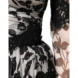 Black Silk Floral Lace Ricamo Ball Maxi Dress
