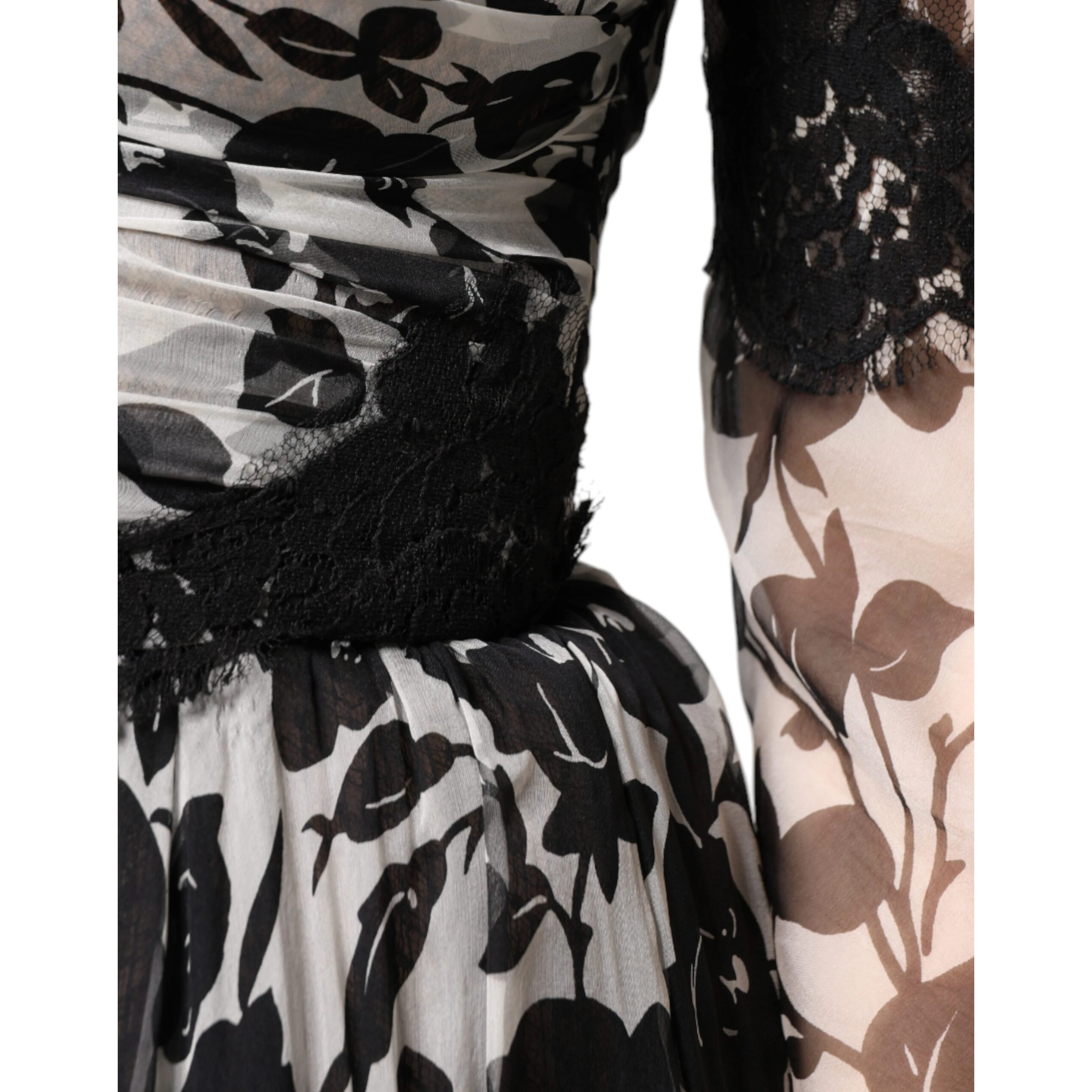 Black Silk Floral Lace Ricamo Ball Maxi Dress