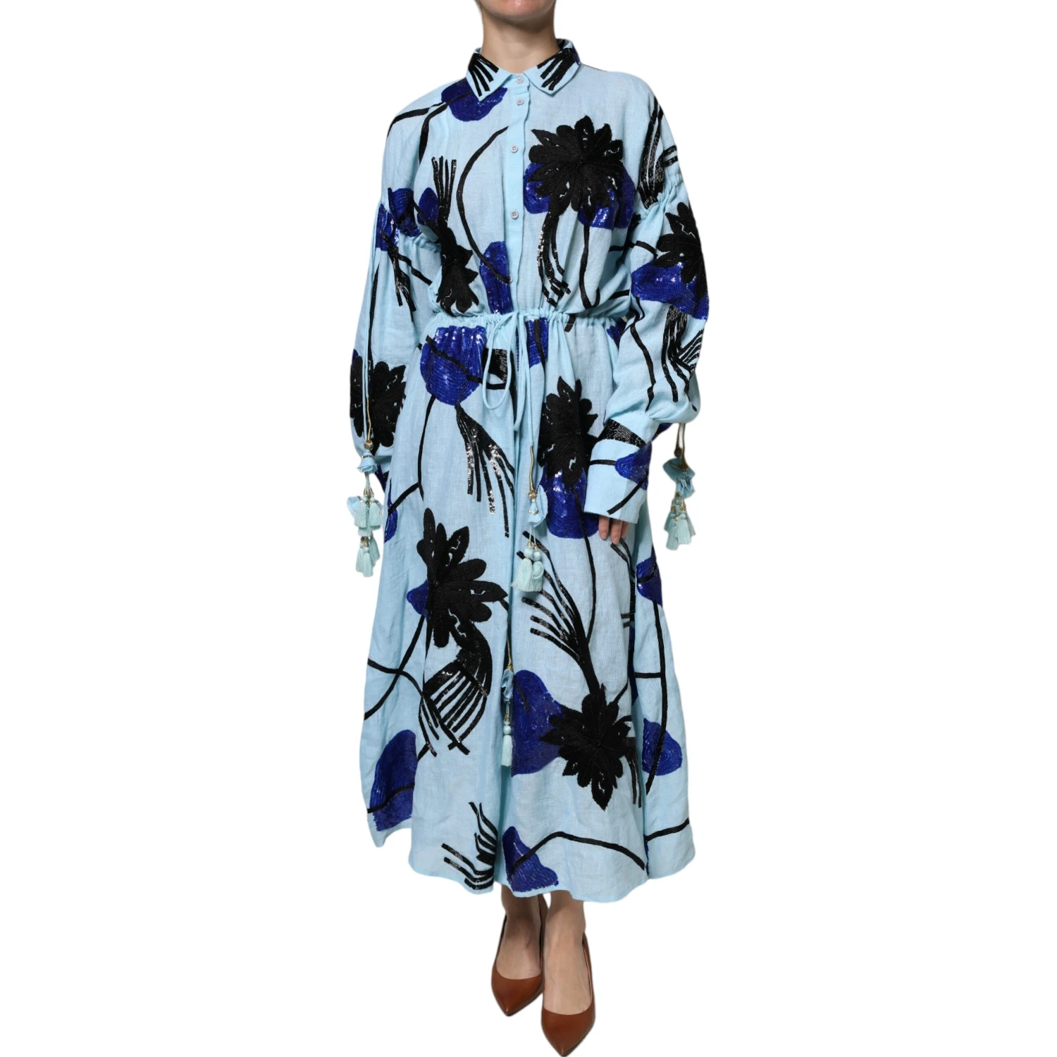 Light Blue Floral Embellished Shirt Maxi Dress