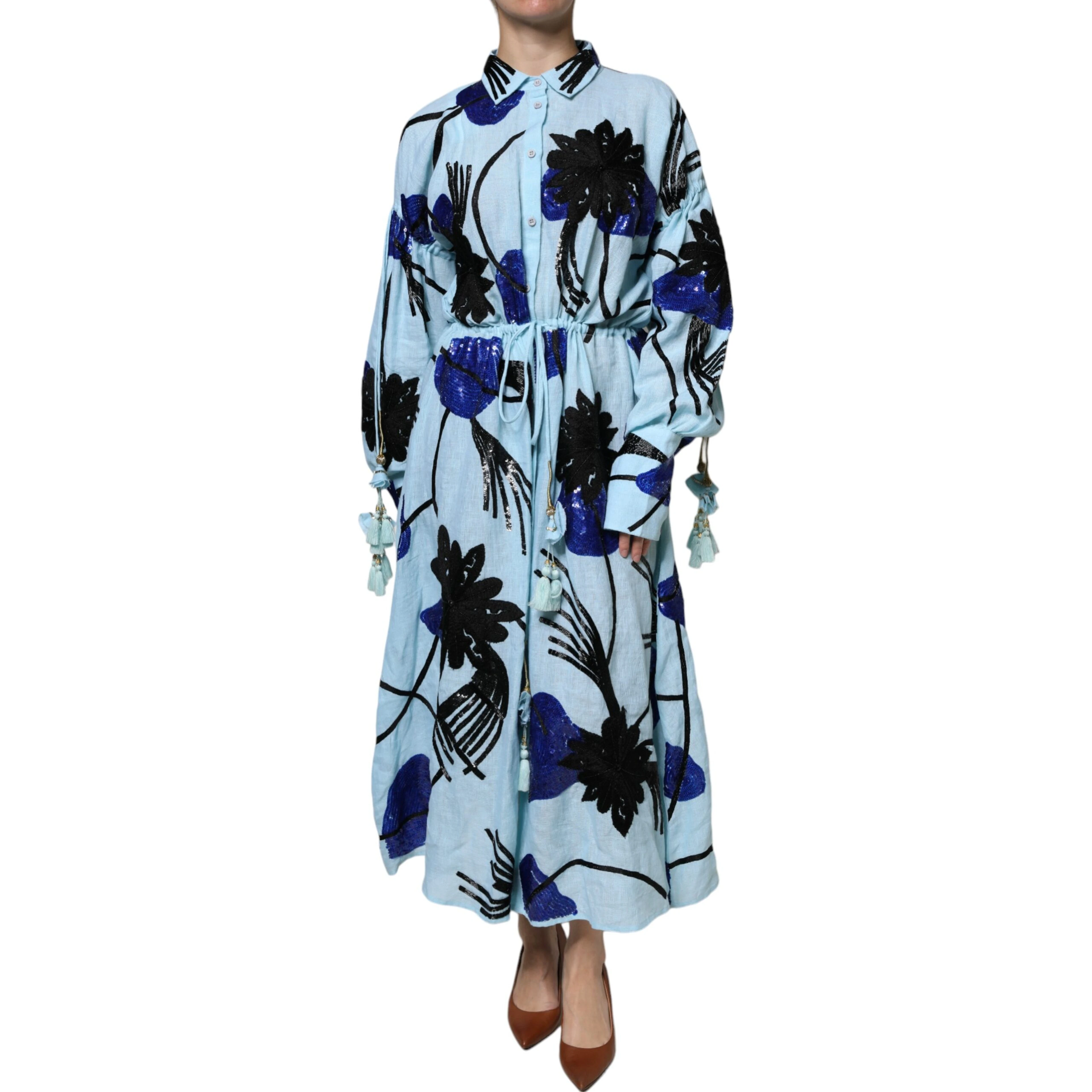 Light Blue Floral Embellished Shirt Maxi Dress