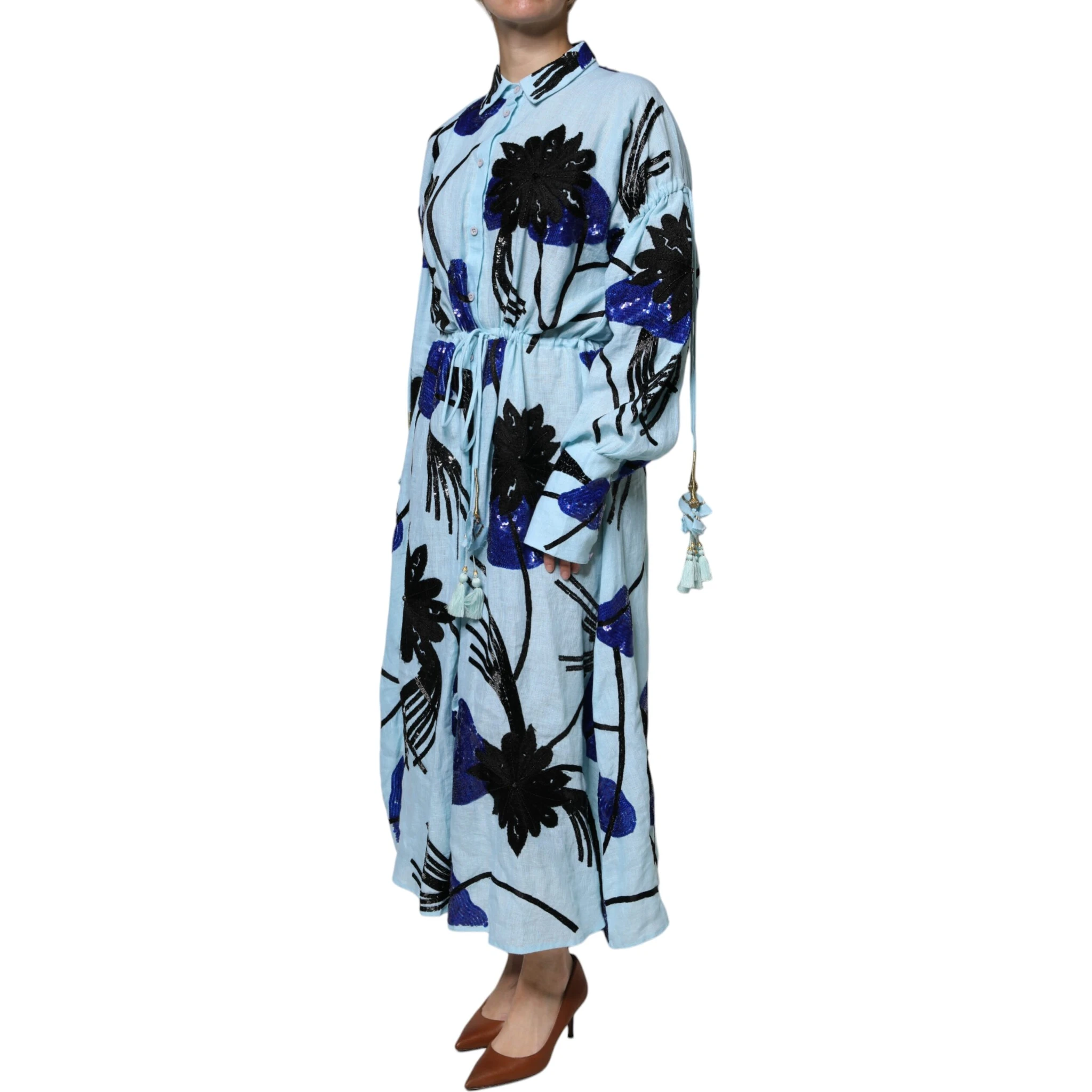 Light Blue Floral Embellished Shirt Maxi Dress