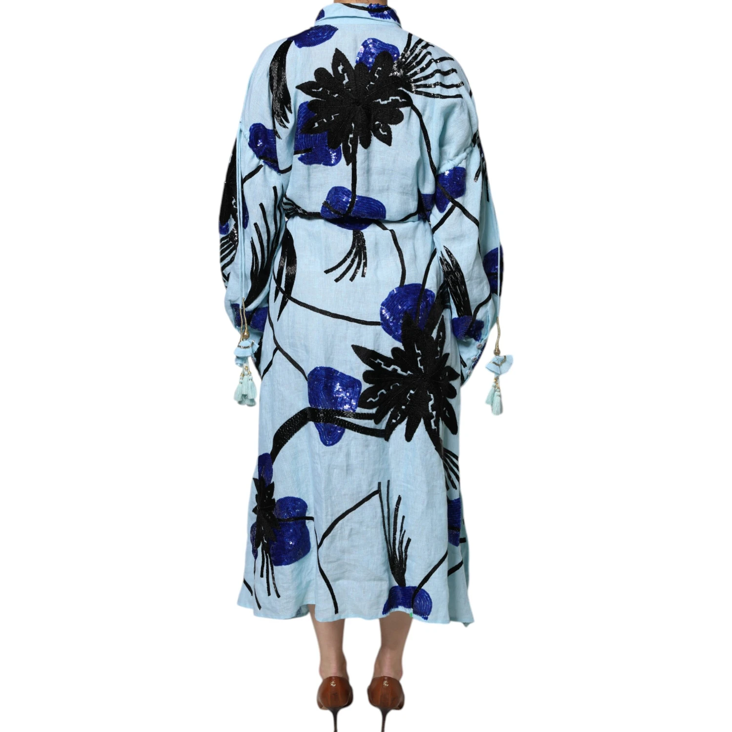 Light Blue Floral Embellished Shirt Maxi Dress