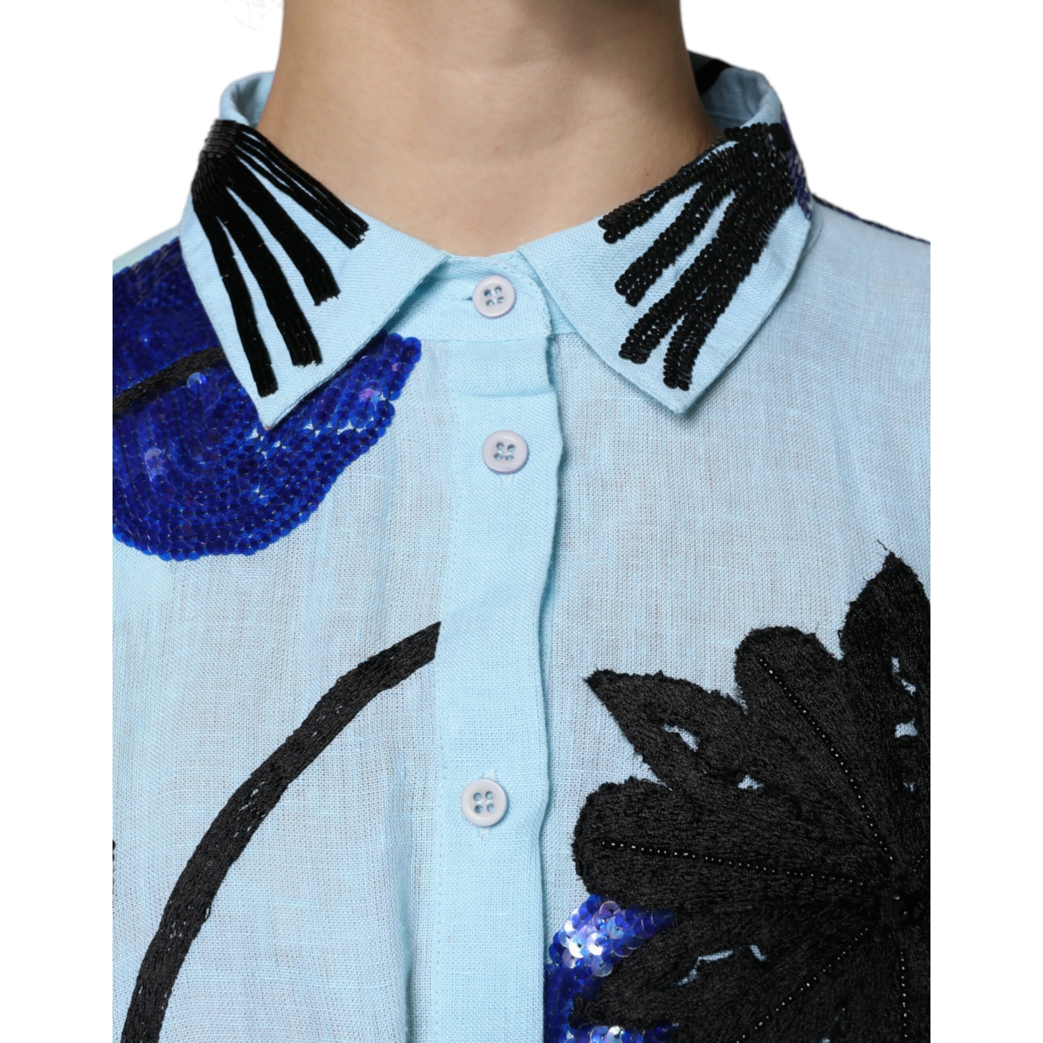 Light Blue Floral Embellished Shirt Maxi Dress