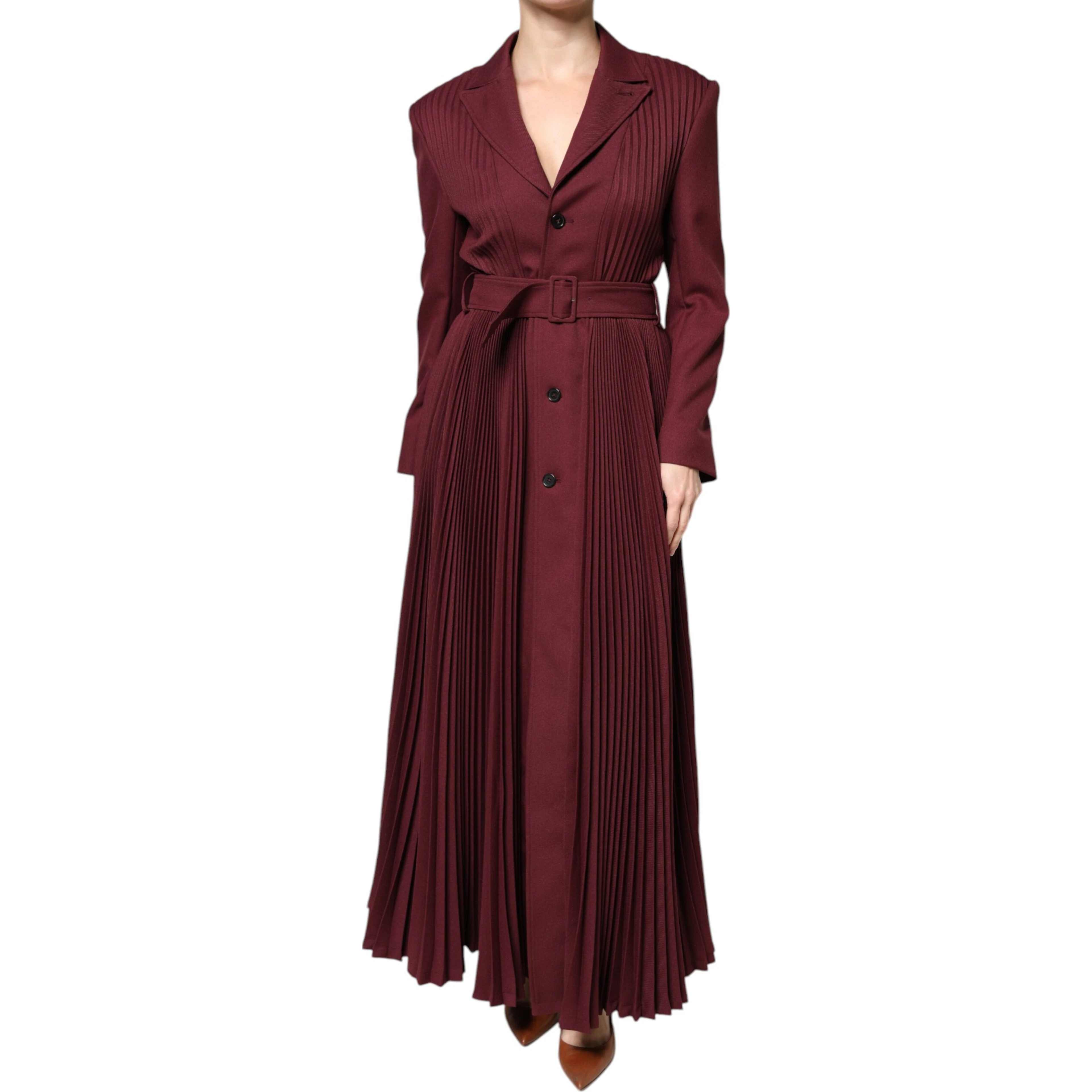 Maroon Belted Button Down Dress