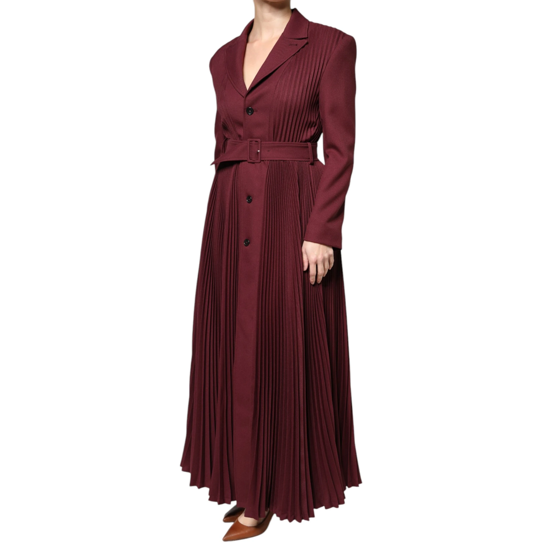 Maroon Belted Button Down Dress