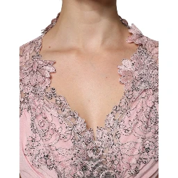 Pink Floral Lace Short Sleeves V-neck Midi Dress