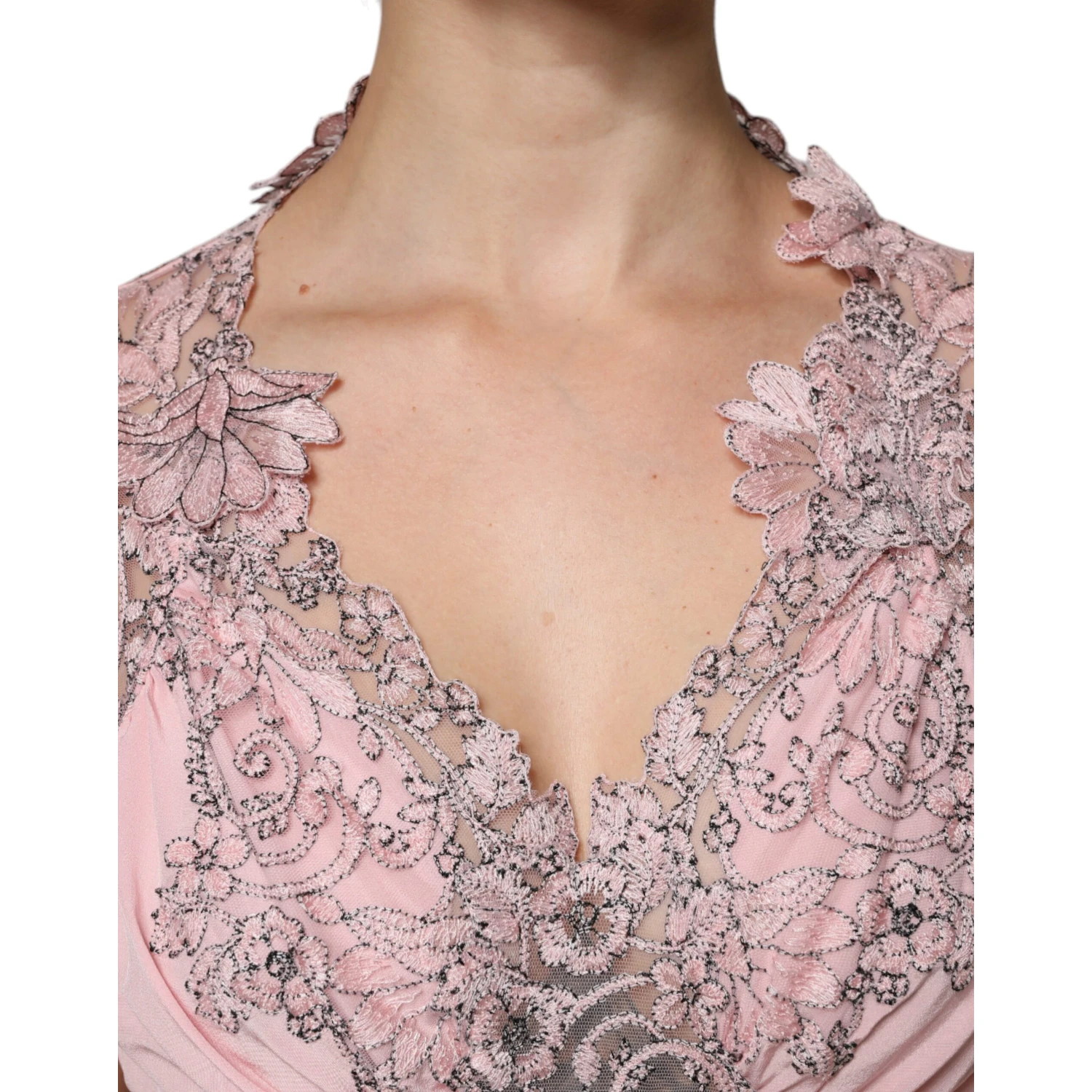 Pink Floral Lace Short Sleeves V-neck Midi Dress